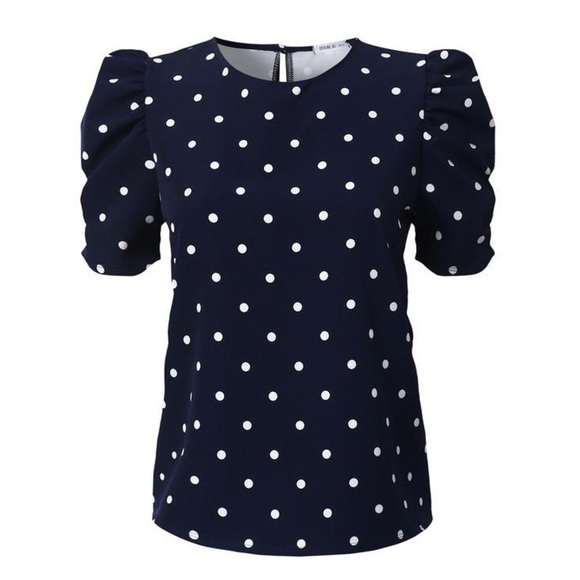 Tops - Navy and Ivory Polka Dot Puff Sleeve Tops